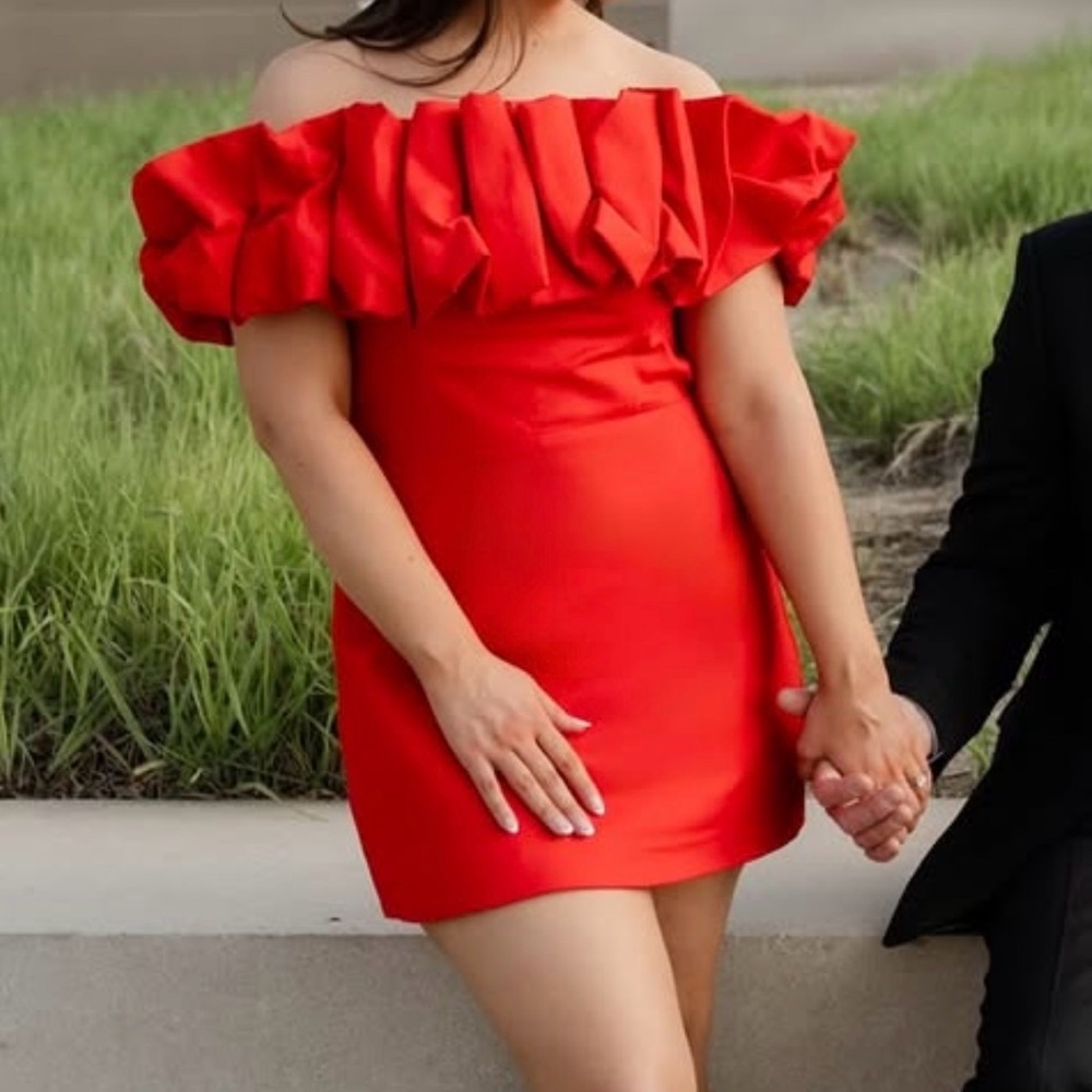 Showpo Vibrant Red Coraline Ruffle Off-Shoulder Dress